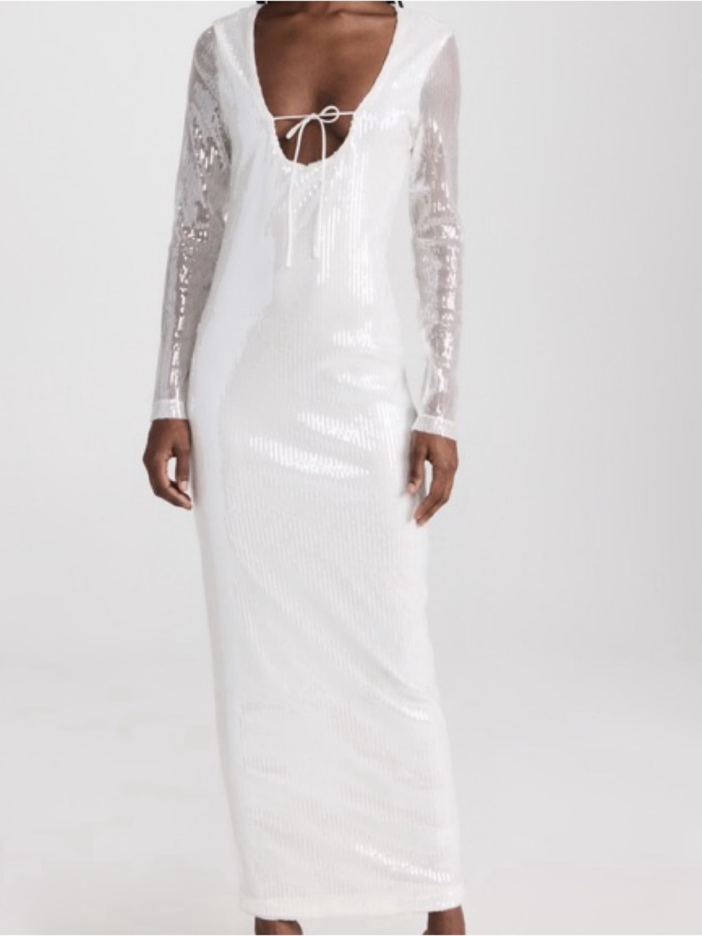 Lioness White Sequin Long-Sleeve V-Neck Maxi Dress